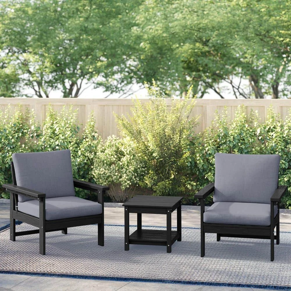 Black 3-Piece Eco-Friendly HDPE Patio Seating Set Conversation Set With Gray Cushions And Side Table 1 Black 3-Piece Eco-Friendly HDPE Patio Seating Set Conversation Set With Gray Cushions And Side Table