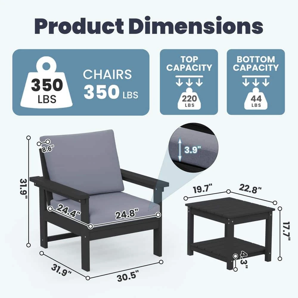 Black 3-Piece Eco-Friendly HDPE Patio Seating Set Conversation Set With Gray Cushions And Side Table 2 Black 3-Piece Eco-Friendly HDPE Patio Seating Set Conversation Set With Gray Cushions And Side Table - Image 2
