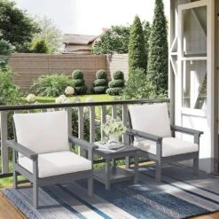 Gray 3-Piece Eco-Friendly HDPE Patio Seating Set Conversation Set With Beige Cushions And Side Table -Jearey jearey patio conversation sets zhsfbj grbg 31 1000
