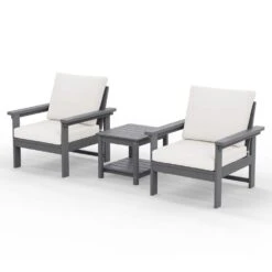 Gray 3-Piece Eco-Friendly HDPE Patio Seating Set Conversation Set With Beige Cushions And Side Table -Jearey jearey patio conversation sets zhsfbj grbg 44 1000