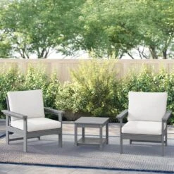 Gray 3-Piece Eco-Friendly HDPE Patio Seating Set Conversation Set With Beige Cushions And Side Table