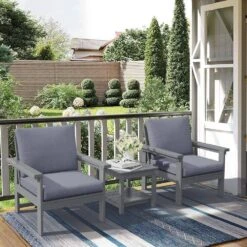 Gray 3-Piece Eco-Friendly HDPE Patio Seating Set Conversation Set With Gray Cushions And Side Table -Jearey jearey patio conversation sets zhsfbj grgr 31 1000