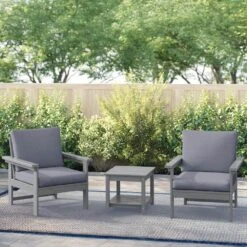 Gray 3-Piece Eco-Friendly HDPE Patio Seating Set Conversation Set With Gray Cushions And Side Table