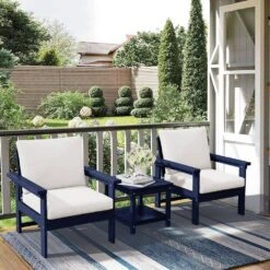Navy Blue 3-Piece Eco-Friendly HDPE Patio Seating Set Conversation Set With Beige Cushions And Side Table -Jearey jearey patio conversation sets zhsfbj nvbg 31 1000