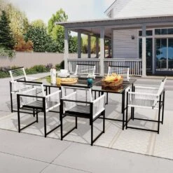 3-Piece Black Metal Rectangular Glass Table Patio Outdoor Dining Set With Rattan Foldable Backrest Chairs (Set Of 3) -Jearey jearey patio dining sets 3bsdczy 3 black 31 1000