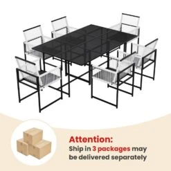 3-Piece Black Metal Rectangular Glass Table Patio Outdoor Dining Set With Rattan Foldable Backrest Chairs (Set Of 3) -Jearey jearey patio dining sets 3bsdczy 3 black 76 1000