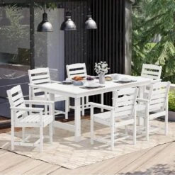 PEHD 7-Piece Plastic Rectangle Standard Height Outdoor Dining Set, Beige