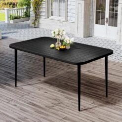 55.1 In. Black Rectangular Outdoor Patio Dining Table With Wood-Like Tabletop