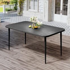 55.1 In. Gray Rectangular Outdoor Patio Dining Table With Wood-Like Tabletop