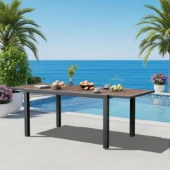 Brown HDPE Rectangle Aluminum Frame Standard Height Outdoor Dining Table With Extension