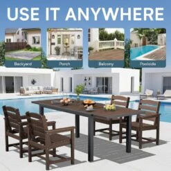 Brown HDPE Rectangle Aluminum Frame Standard Height Outdoor Dining Table With Extension -Jearey jearey patio dining tables jysscz brown fa 1000