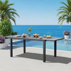 Gray HDPE Rectangle Aluminum Frame Standard Height Outdoor Dining Table With Extension