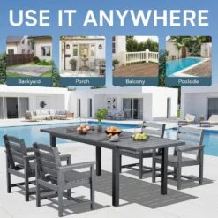 Gray HDPE Rectangle Aluminum Frame Standard Height Outdoor Dining Table With Extension -Jearey jearey patio dining tables jysscz gray fa 1000