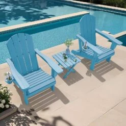 Weather Resistant Plastic HDPE Outdoor Patio Folding Adjustable Adirondack Chair With Cup Holder In Light Blue -Jearey jearey plastic adirondack chairs cgtjy blue 31 1000