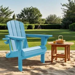 Weather Resistant Plastic HDPE Outdoor Patio Folding Adjustable Adirondack Chair With Cup Holder In Light Blue