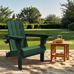 Weather Resistant Plastic HDPE Outdoor Patio Folding Adjustable Adirondack Chair With Cup Holder In Dark Green