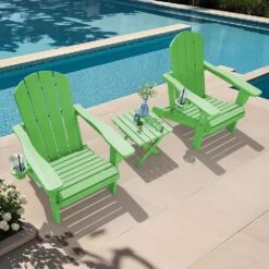 Weather Resistant Plastic HDPE Outdoor Patio Folding Adjustable Adirondack Chair With Cup Holder In Light Green -Jearey jearey plastic adirondack chairs cgtjy green 31 1000