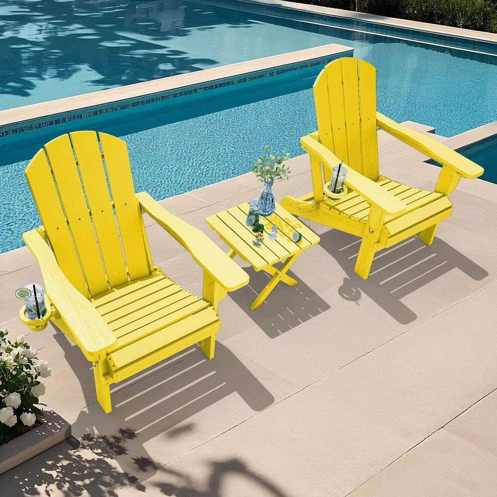 Weather Resistant Plastic HDPE Outdoor Patio Folding Adjustable Adirondack Chair With Cup Holder In Lemon Yellow 9 Weather Resistant Plastic HDPE Outdoor Patio Folding Adjustable Adirondack Chair With Cup Holder In Lemon Yellow - Image 9
