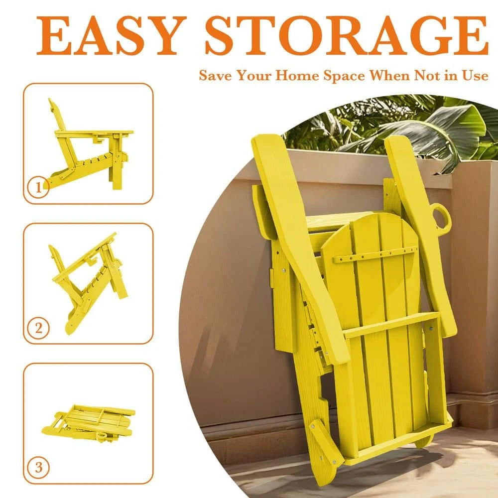 Weather Resistant Plastic HDPE Outdoor Patio Folding Adjustable Adirondack Chair With Cup Holder In Lemon Yellow 4 Weather Resistant Plastic HDPE Outdoor Patio Folding Adjustable Adirondack Chair With Cup Holder In Lemon Yellow - Image 4