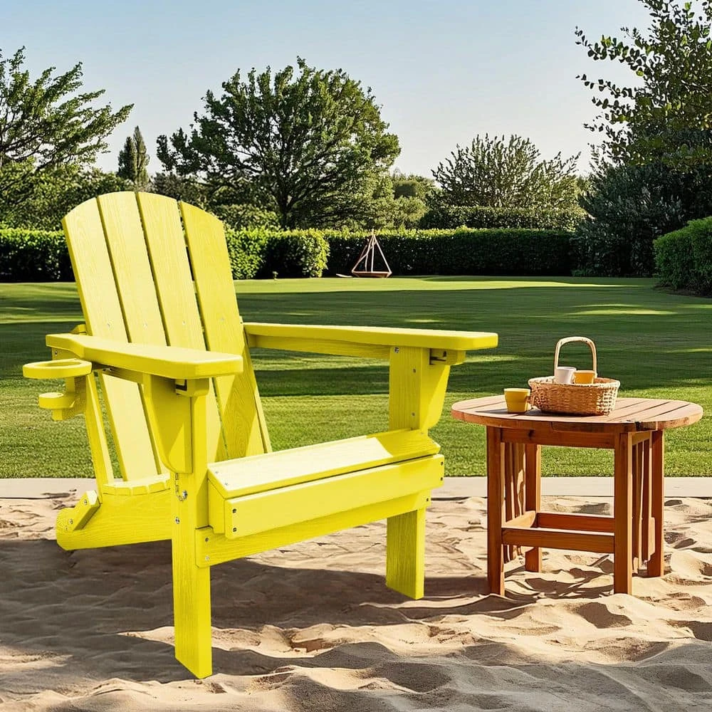 Weather Resistant Plastic HDPE Outdoor Patio Folding Adjustable Adirondack Chair With Cup Holder In Lemon Yellow 1 Weather Resistant Plastic HDPE Outdoor Patio Folding Adjustable Adirondack Chair With Cup Holder In Lemon Yellow