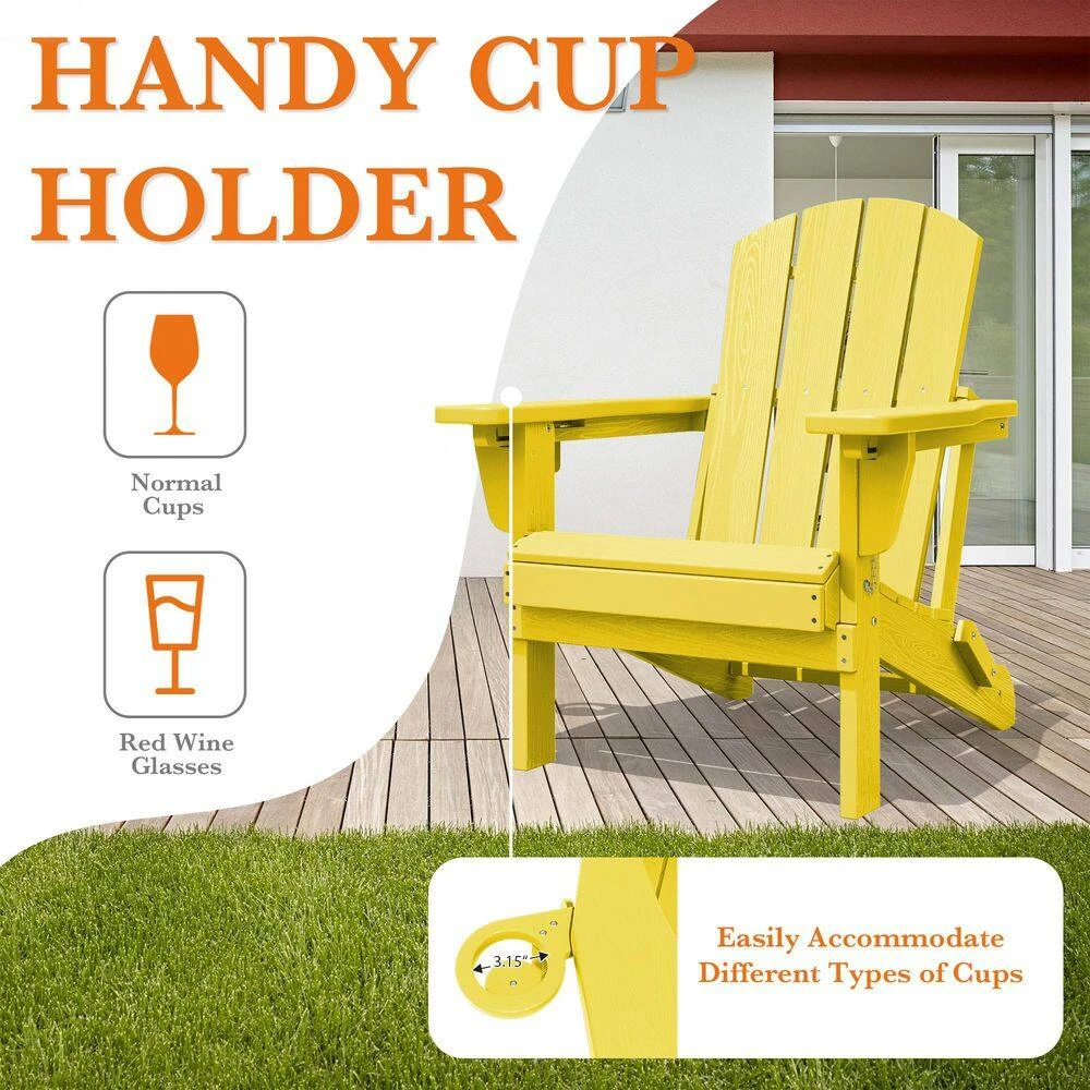 Weather Resistant Plastic HDPE Outdoor Patio Folding Adjustable Adirondack Chair With Cup Holder In Lemon Yellow 8 Weather Resistant Plastic HDPE Outdoor Patio Folding Adjustable Adirondack Chair With Cup Holder In Lemon Yellow - Image 8