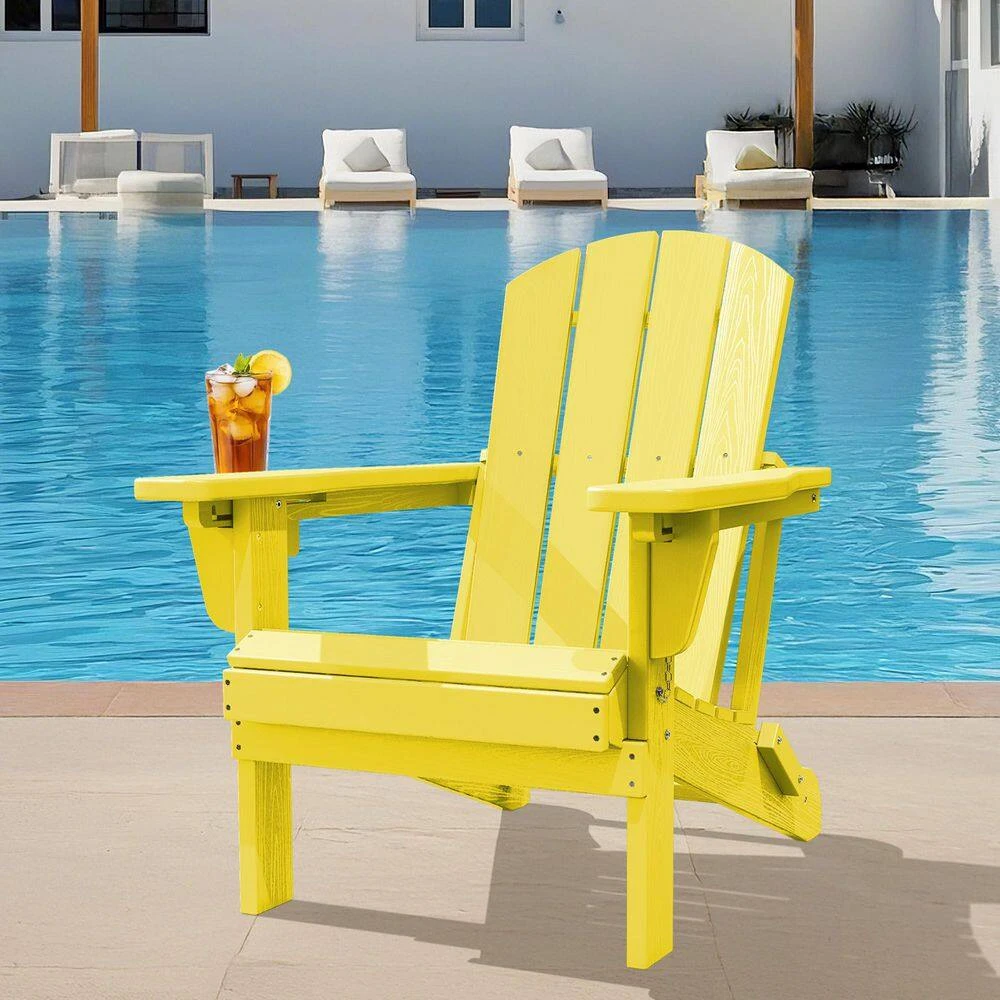 Weather Resistant Plastic HDPE Outdoor Patio Folding Adjustable Adirondack Chair With Cup Holder In Lemon Yellow 2 Weather Resistant Plastic HDPE Outdoor Patio Folding Adjustable Adirondack Chair With Cup Holder In Lemon Yellow - Image 2