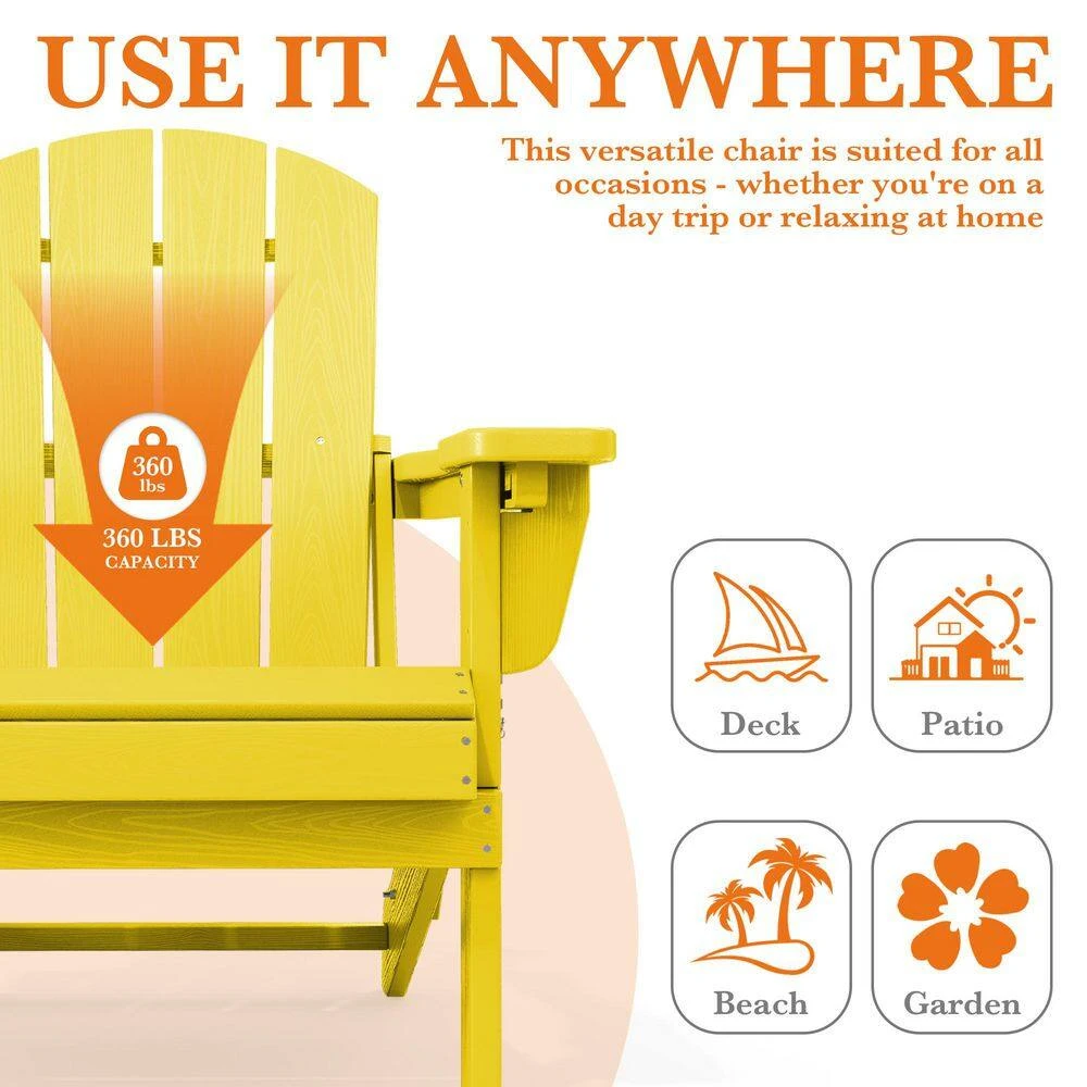 Weather Resistant Plastic HDPE Outdoor Patio Folding Adjustable Adirondack Chair With Cup Holder In Lemon Yellow 7 Weather Resistant Plastic HDPE Outdoor Patio Folding Adjustable Adirondack Chair With Cup Holder In Lemon Yellow - Image 7