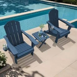 Weather Resistant Plastic HDPE Outdoor Patio Folding Adjustable Adirondack Chair With Cup Holder In Navy -Jearey jearey plastic adirondack chairs cgtjy ny 31 1000