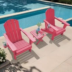 Weather Resistant Plastic HDPE Outdoor Patio Folding Adjustable Adirondack Chair With Cup Holder In Pink -Jearey jearey plastic adirondack chairs cgtjy pink 31 1000
