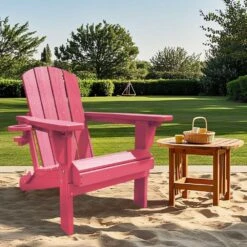 Weather Resistant Plastic HDPE Outdoor Patio Folding Adjustable Adirondack Chair With Cup Holder In Pink