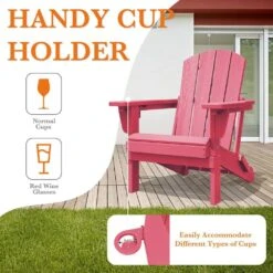 Weather Resistant Plastic HDPE Outdoor Patio Folding Adjustable Adirondack Chair With Cup Holder In Pink -Jearey jearey plastic adirondack chairs cgtjy pink fa 1000