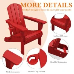 Weather Resistant Plastic HDPE Outdoor Patio Folding Adjustable Adirondack Chair With Cup Holder In Red -Jearey jearey plastic adirondack chairs cgtjy red 1f 1000