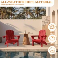 Weather Resistant Plastic HDPE Outdoor Patio Folding Adjustable Adirondack Chair With Cup Holder In Red -Jearey jearey plastic adirondack chairs cgtjy red 76 1000