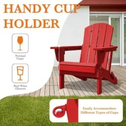 Weather Resistant Plastic HDPE Outdoor Patio Folding Adjustable Adirondack Chair With Cup Holder In Red -Jearey jearey plastic adirondack chairs cgtjy red fa 1000