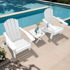 Weather Resistant Plastic HDPE Outdoor Patio Folding Adjustable Adirondack Chair With Cup Holder In White -Jearey jearey plastic adirondack chairs cgtjy we 31 1000