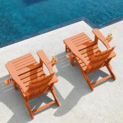 3-Level Adjustable Patio Folding Plastic Adirondack Chair With Retractable Ottoman, Cup And Phone Holders In Orange -Jearey jearey plastic adirondack chairs clgjtjy aj 31 1000