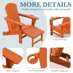 3-Level Adjustable Patio Folding Plastic Adirondack Chair With Retractable Ottoman, Cup And Phone Holders In Orange -Jearey jearey plastic adirondack chairs clgjtjy aj 44 1000