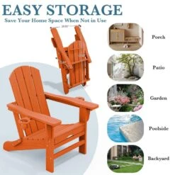 3-Level Adjustable Patio Folding Plastic Adirondack Chair With Retractable Ottoman, Cup And Phone Holders In Orange -Jearey jearey plastic adirondack chairs clgjtjy aj 4f 1000