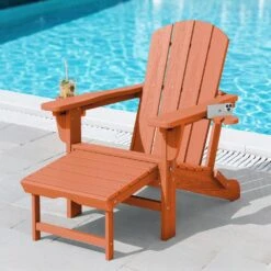 3-Level Adjustable Patio Folding Plastic Adirondack Chair With Retractable Ottoman, Cup And Phone Holders In Orange