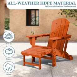 3-Level Adjustable Patio Folding Plastic Adirondack Chair With Retractable Ottoman, Cup And Phone Holders In Orange -Jearey jearey plastic adirondack chairs clgjtjy aj 76 1000