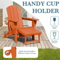 3-Level Adjustable Patio Folding Plastic Adirondack Chair With Retractable Ottoman, Cup And Phone Holders In Orange -Jearey jearey plastic adirondack chairs clgjtjy aj fa 1000