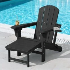 3-Level Adjustable Patio Folding Plastic Adirondack Chair With Retractable Ottoman, Cup And Phone Holders In Black