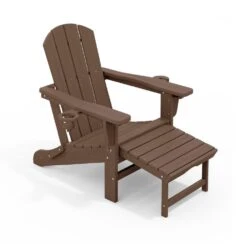 3-Level Adjustable Patio Folding Plastic Adirondack Chair With Retractable Ottoman, Cup And Phone Holders In Brown