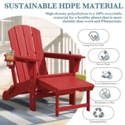 3-Level Adjustable Patio Folding Plastic Adirondack Chair With Retractable Ottoman, Cup And Phone Holders In Bright Red -Jearey jearey plastic adirondack chairs clgjtjy brd 1f 1000