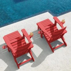 3-Level Adjustable Patio Folding Plastic Adirondack Chair With Retractable Ottoman, Cup And Phone Holders In Bright Red -Jearey jearey plastic adirondack chairs clgjtjy brd 31 1000