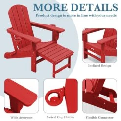 3-Level Adjustable Patio Folding Plastic Adirondack Chair With Retractable Ottoman, Cup And Phone Holders In Bright Red -Jearey jearey plastic adirondack chairs clgjtjy brd 44 1000