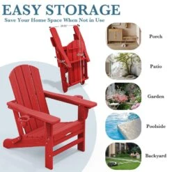 3-Level Adjustable Patio Folding Plastic Adirondack Chair With Retractable Ottoman, Cup And Phone Holders In Bright Red -Jearey jearey plastic adirondack chairs clgjtjy brd 4f 1000