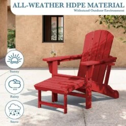 3-Level Adjustable Patio Folding Plastic Adirondack Chair With Retractable Ottoman, Cup And Phone Holders In Bright Red -Jearey jearey plastic adirondack chairs clgjtjy brd 76 1000