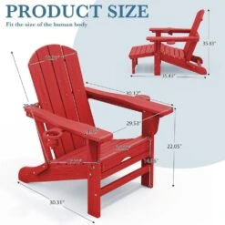 3-Level Adjustable Patio Folding Plastic Adirondack Chair With Retractable Ottoman, Cup And Phone Holders In Bright Red -Jearey jearey plastic adirondack chairs clgjtjy brd c3 1000