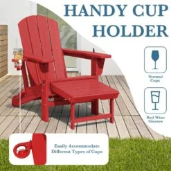 3-Level Adjustable Patio Folding Plastic Adirondack Chair With Retractable Ottoman, Cup And Phone Holders In Bright Red -Jearey jearey plastic adirondack chairs clgjtjy brd fa 1000